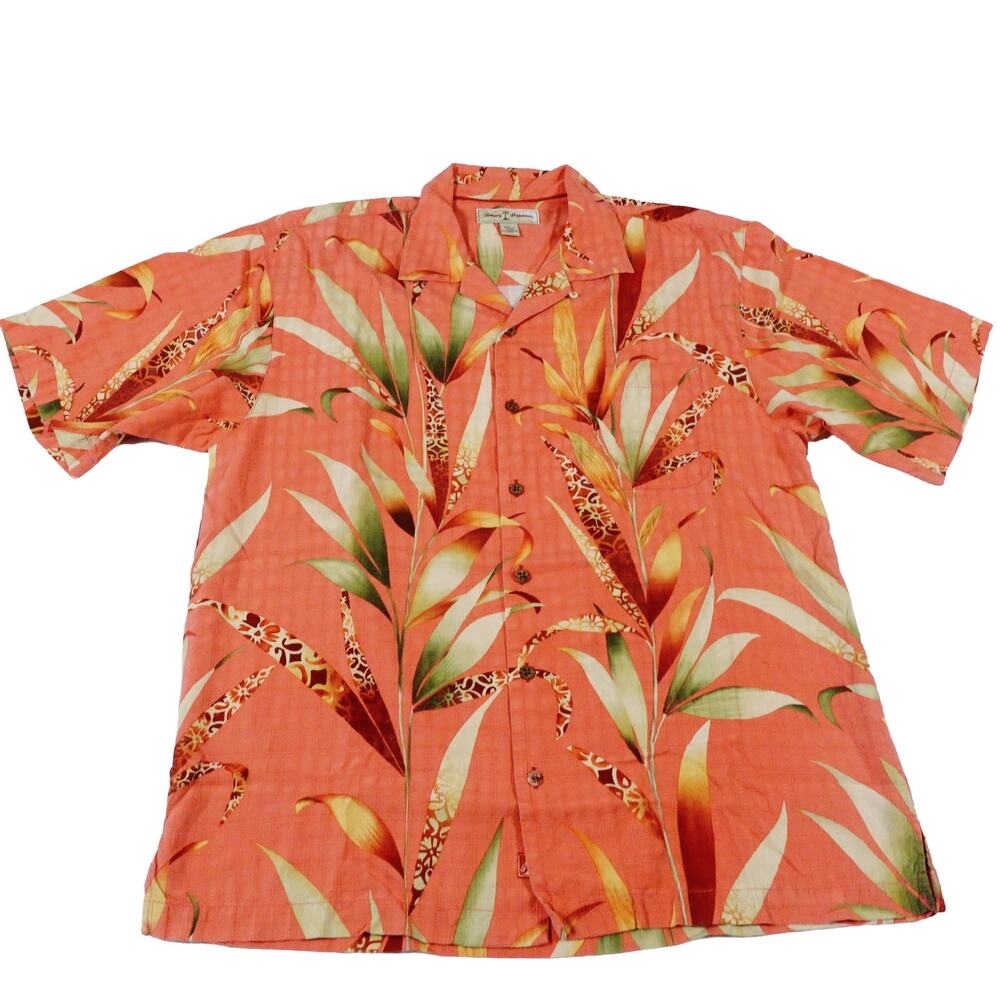 Tommy Bahama Floral Leaf Silk Hawaiian Tropical Button Up Camp Shirt Large